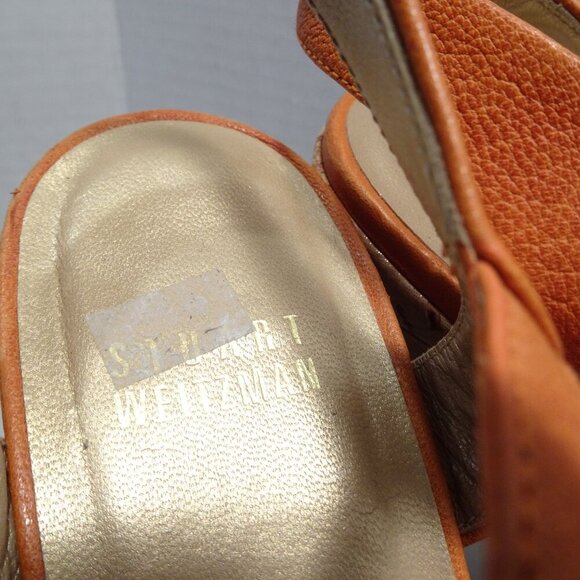 STUART WEITZMAN Platform Sandals Orange Leather Straps Cork Heel Size 37.5 EU 7 - Picture 3 of 5